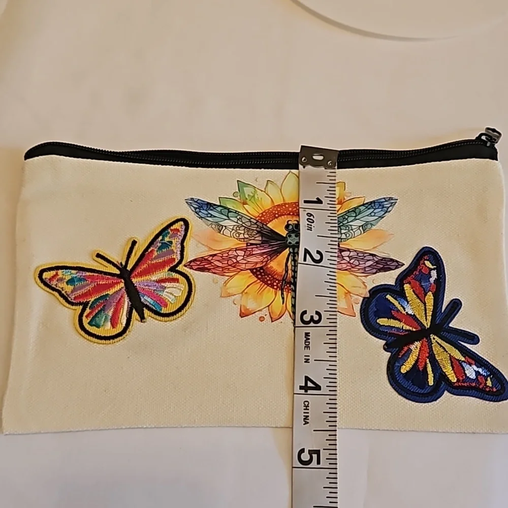 Hand Crafted canvas makeup bag pencil case iron transfer embroidery butterfly